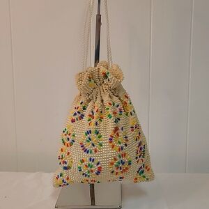 Candy Button Retro Beaded Purse 60's/70's Drawstring Closure Hippy/Bohemian